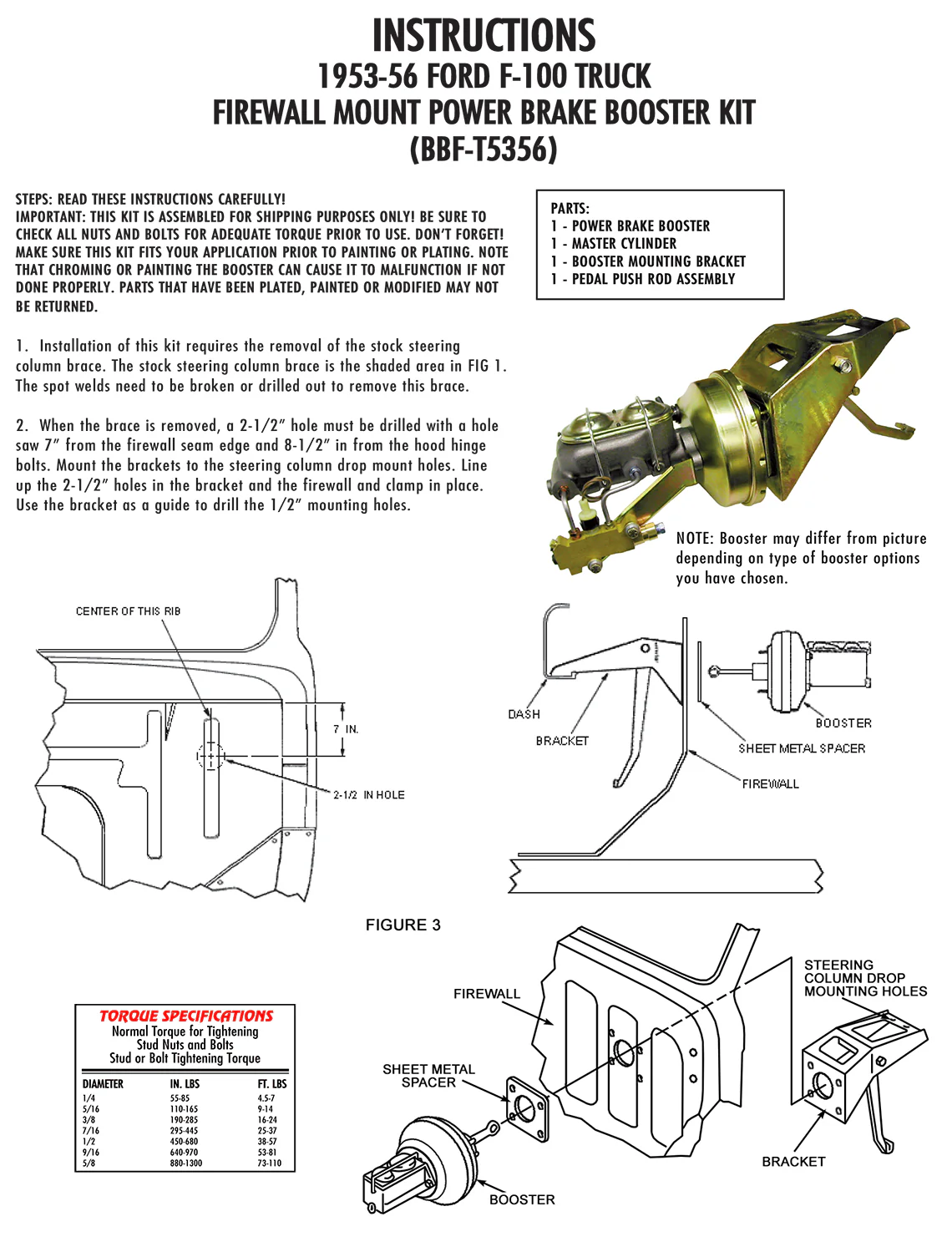 1953-56 Ford F-100 Truck Firewall Mount Power Brake Booster Kit - Image 3