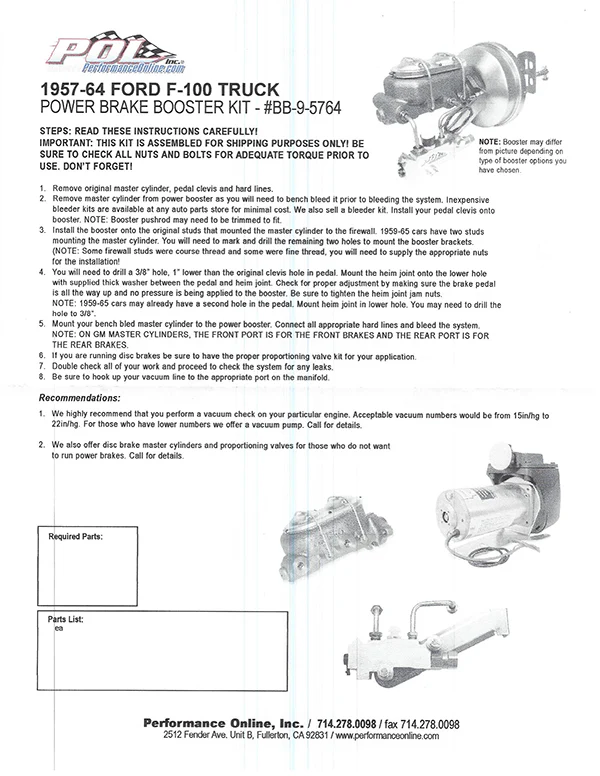 1957-64 Ford F-100 Truck Power Brake Booster Kit - Image 3