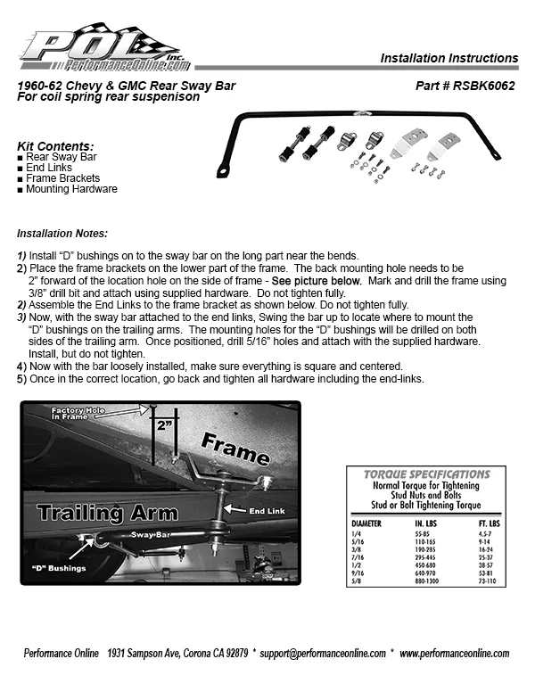 1960-62 Chevy, GMC Truck Rear Sway Bar Kit - Image 5