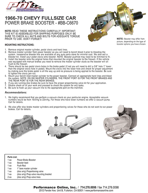 1966-70 Chevy Impala Caprice Biscayne Fullsize Car Power Brake Booster Kit - Image 3