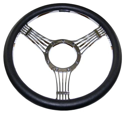 Billet Steering Wheel, Chromed 14" Banjo Style with Simulated Black Leather Grip - Image 3