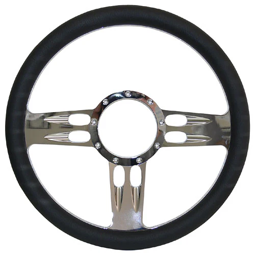 Billet Steering Wheel, Chromed 14" T-Bar Style with Simulated Black Leather Grip - Image 3