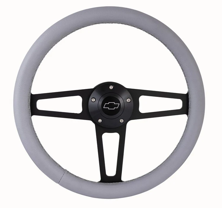 Billet T Series Gray Wrapped Black Spoke Steering Wheel with Chevy Logo & Install Kit (5196) - Image 2