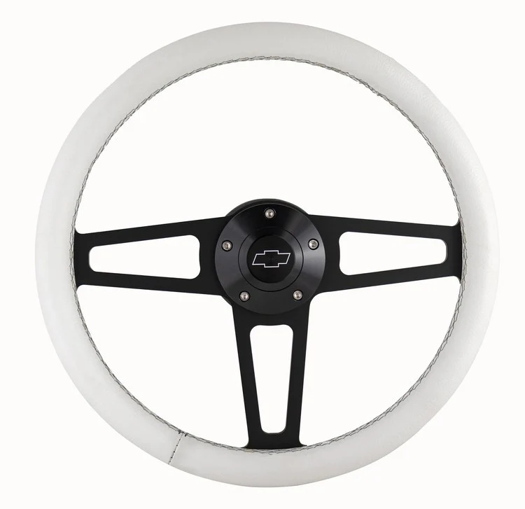Billet T Series White Wrapped Black Spoke Steering Wheel with Chevy Logo & Install Kit (5196) - Image 2