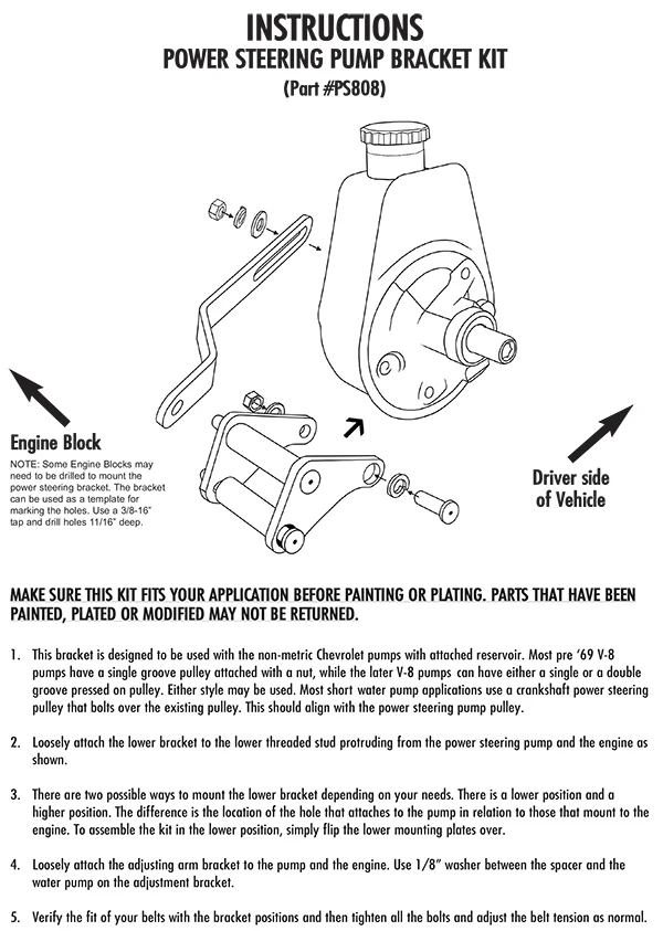 Power Steering Pump Bracket Kit, Big Block Chevy Engine, Plain Steel - Image 3