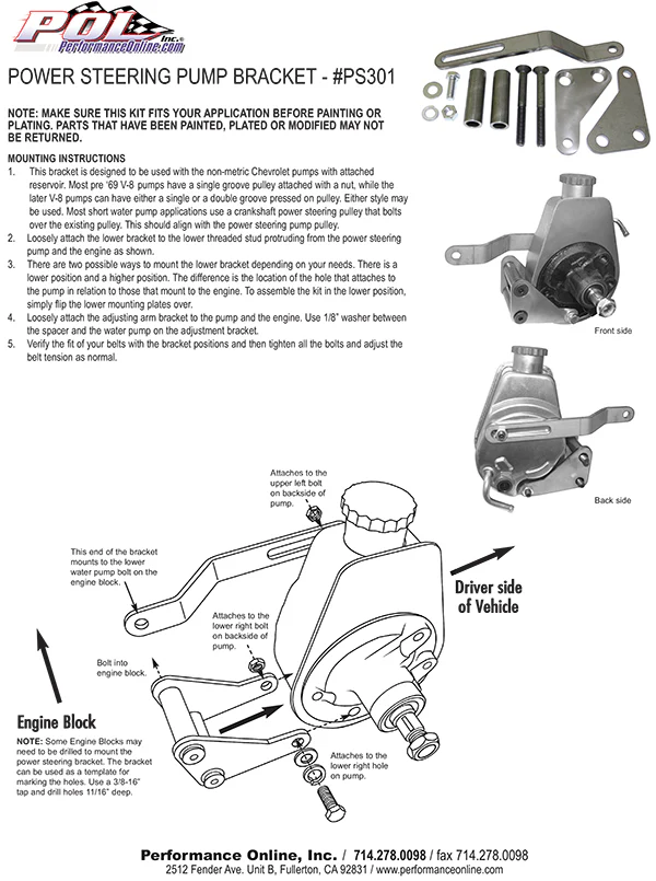 Power Steering Pump Bracket Kit, Chrome, Small Block Chevy Engine - Image 3